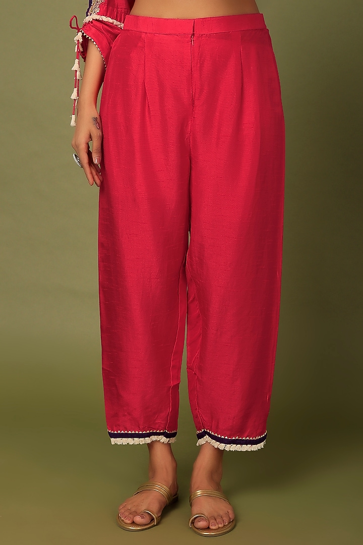 Vermillion Red Cotton Silk Zardosi Embroidered Kurta Set by Mahi Calcutta at Pernia's Pop Up Shop