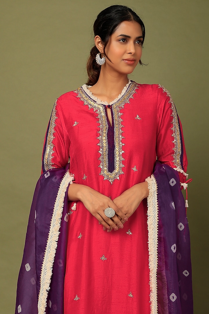 Vermillion Red Cotton Silk Zardosi Embroidered Kurta Set by Mahi Calcutta at Pernia's Pop Up Shop