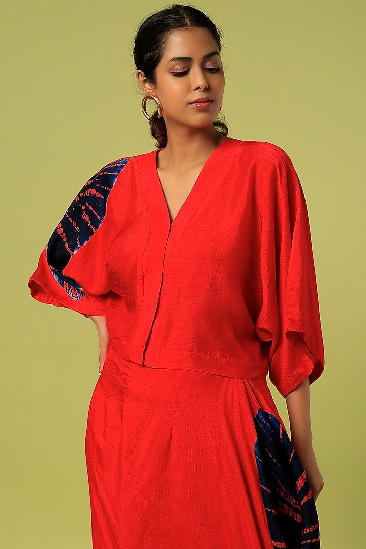 Vermillion Red Cotton Silk Skirt Set by Mahi Calcutta at Pernia's Pop Up Shop