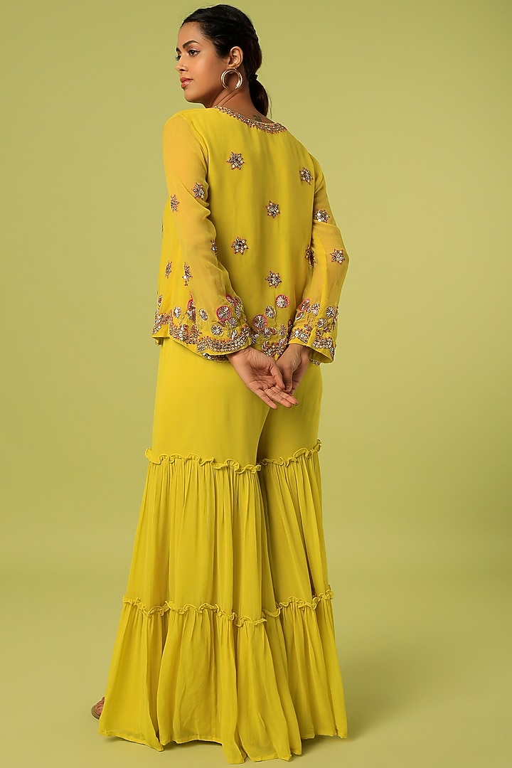 Citrus Lime Chiffon Wedding Sharara Set by Mahi Calcutta at Pernia's Pop Up Shop