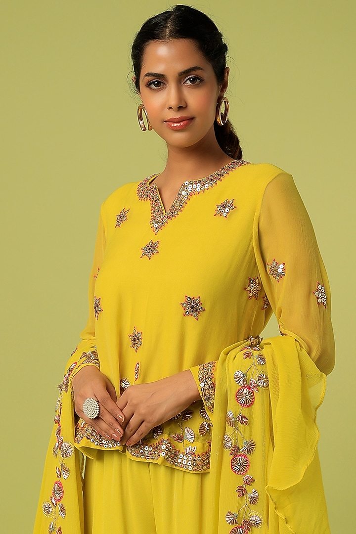 Citrus Lime Chiffon Wedding Sharara Set by Mahi Calcutta at Pernia's Pop Up Shop