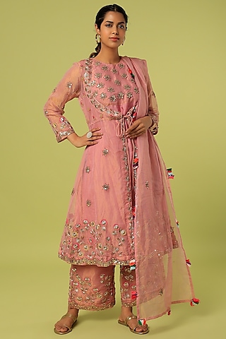Pink Embroidered Jacket Set by Mahi Calcutta