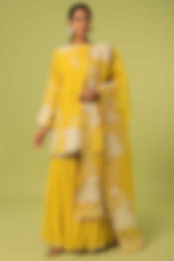 Topaz Yellow Georgette Sharara Set by Mahi Calcutta