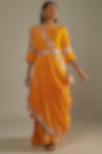 Sunset Yellow Silk Draped Dress by Mahi Calcutta