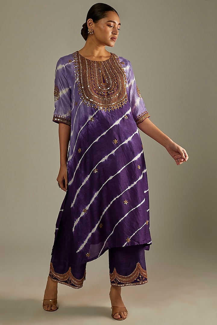 Aubergine-Violet Embroidered Kurta Set by Mahi Calcutta