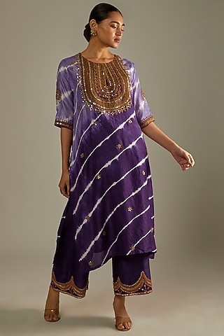 Aubergine-Violet Embroidered Kurta Set by Mahi Calcutta