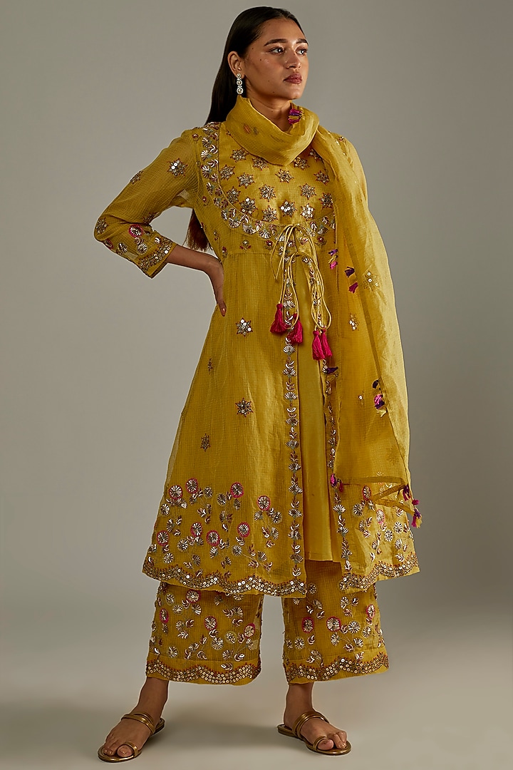 Golden Yellow Embellished Kurta Set by Mahi Calcutta
