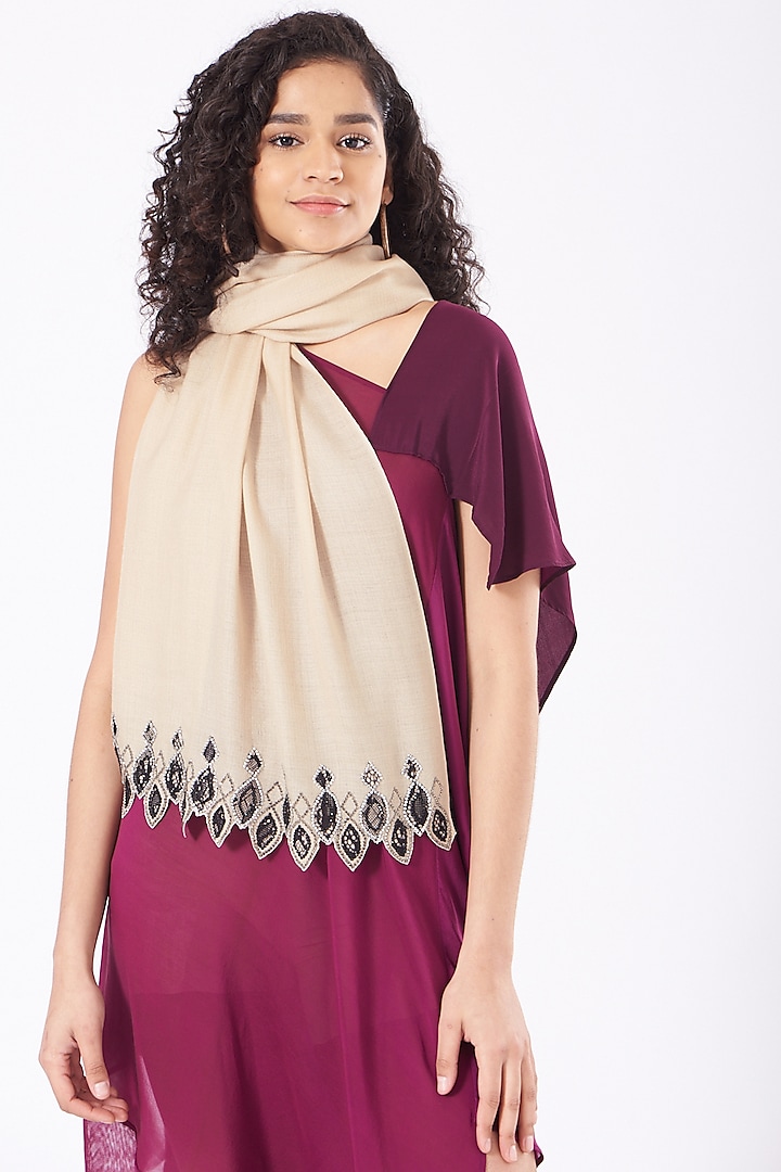 Beige Embroidered Stole by Mauli Cashmere
