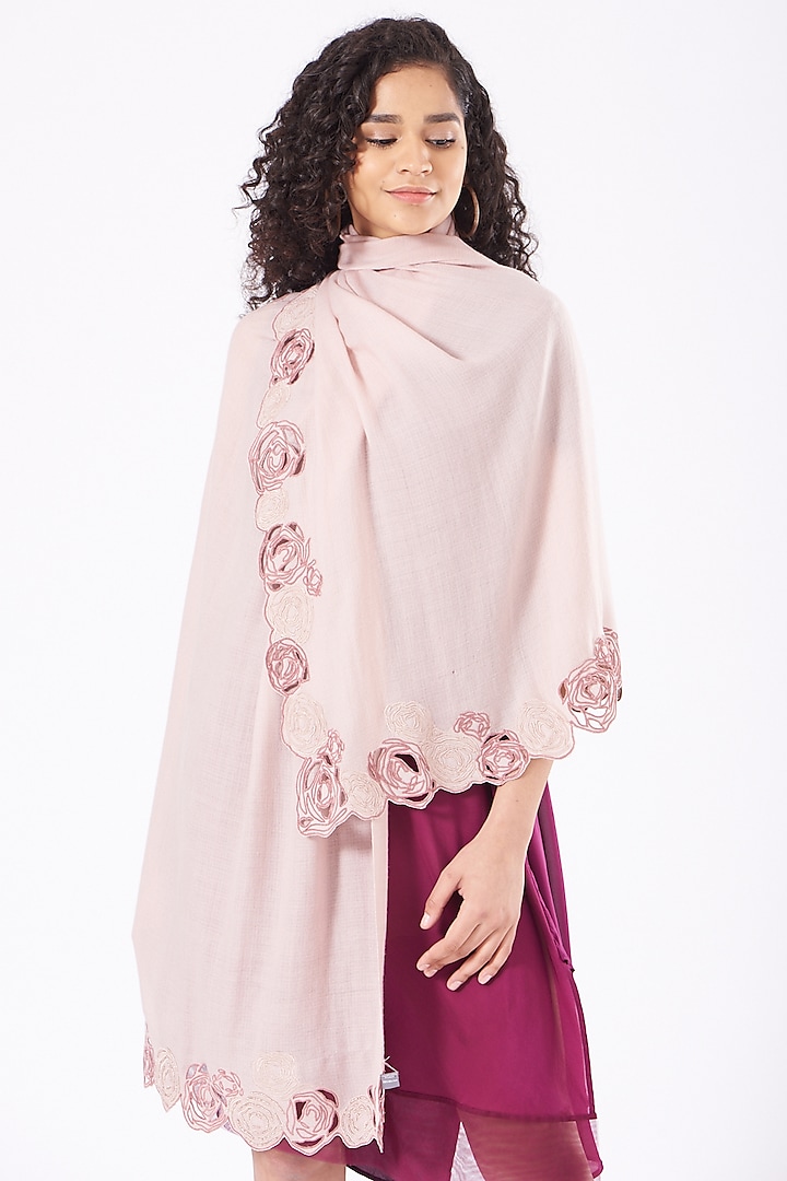 Rose Smoke Embroidered Handcrafted Stole by Mauli Cashmere at Pernia's Pop Up Shop