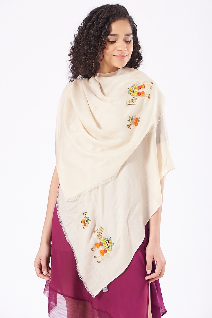 A Desert Ride Embroidered Fine Wool Silk Stole by Mauli Cashmere