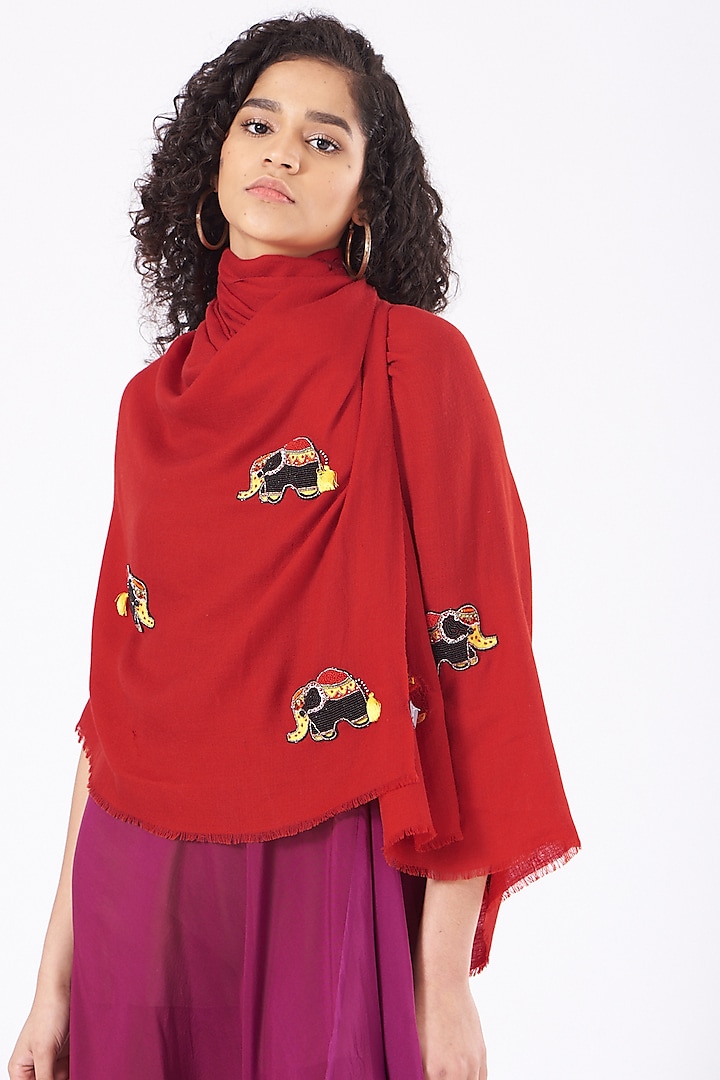 Red Embroidered Handcrafted Stole by Mauli Cashmere