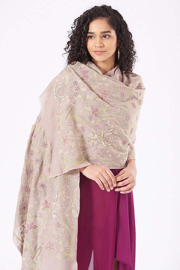 Adobe Rose Embroidered Handcrafted Stole by Mauli Cashmere