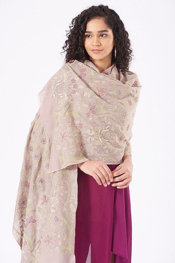 Adobe Rose Embroidered Handcrafted Stole by Mauli Cashmere at Pernia's Pop Up Shop