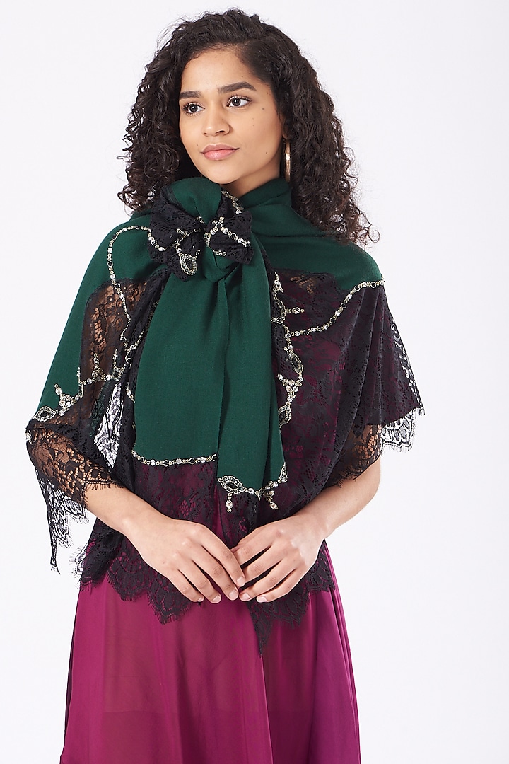 Deep Green Hand Embroidered Stole by Mauli Cashmere