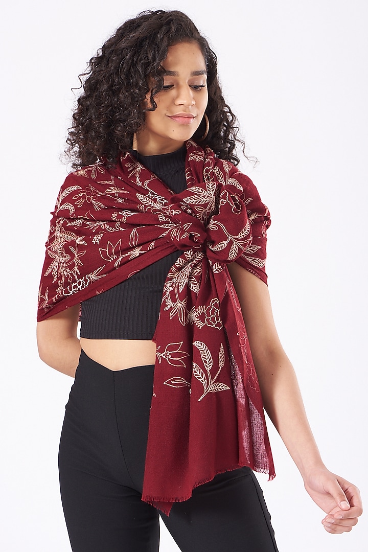 Golden Peony Embroidered Pure Cashmere Stole by Mauli Cashmere at Pernia's Pop Up Shop