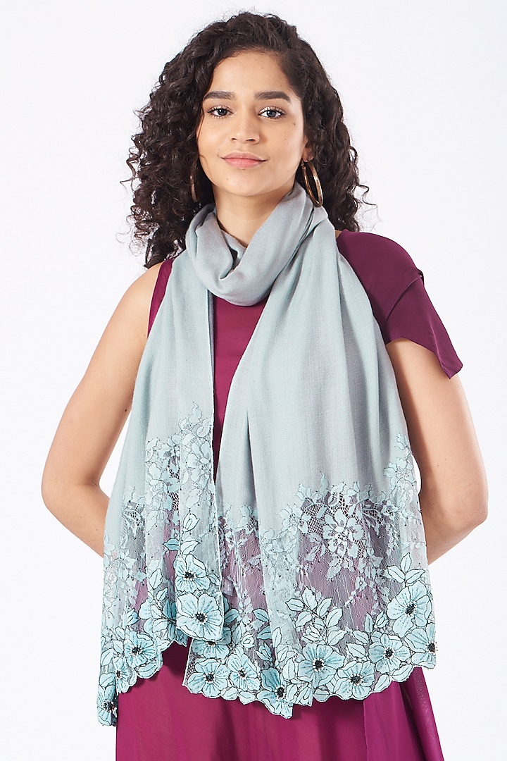 Floral Inset Embroidered Fine Wool Silk Stole by Mauli Cashmere at Pernia's Pop Up Shop