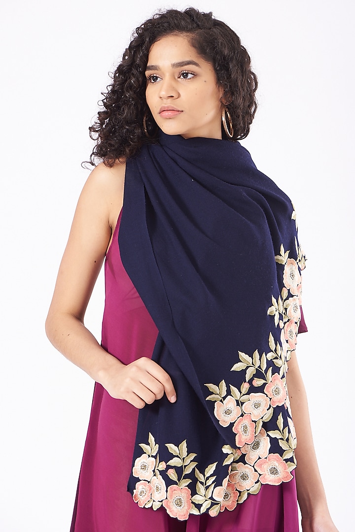 Navy Floral Handcrafted Stole by Mauli Cashmere