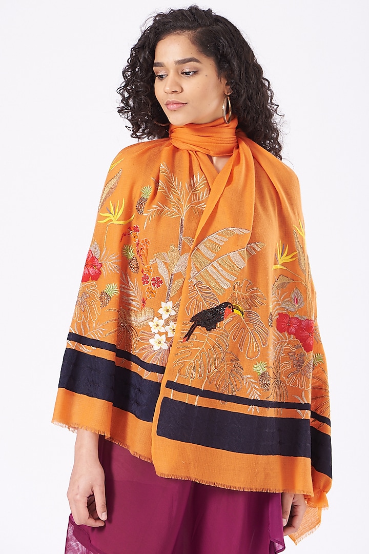 Orange Peel Cashmere Embroidered Stole by Mauli Cashmere