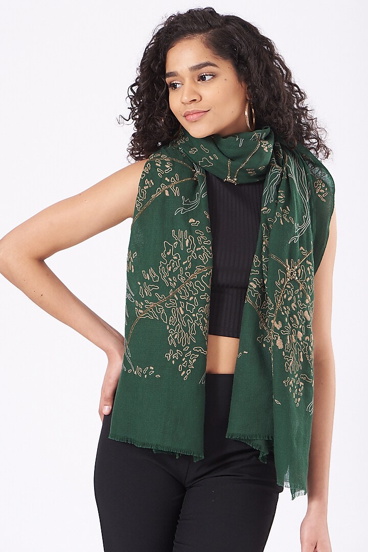 Garden Topiary Cashmere Embroidered Stole by Mauli Cashmere