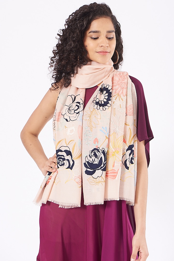 Silver Peony Floral Embroidered Stole by Mauli Cashmere