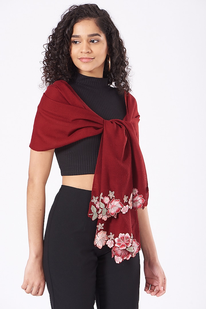 Crimson Floral Embroidered Stole by Mauli Cashmere