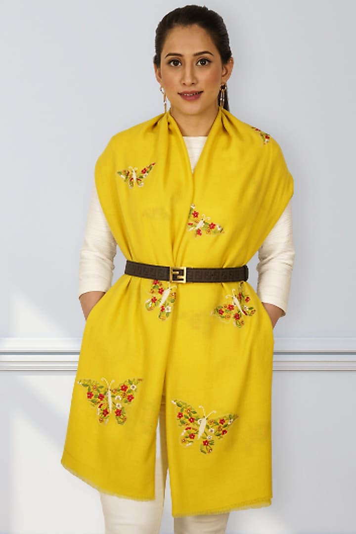 Empire Yellow Embroidered Stole by Mauli Cashmere