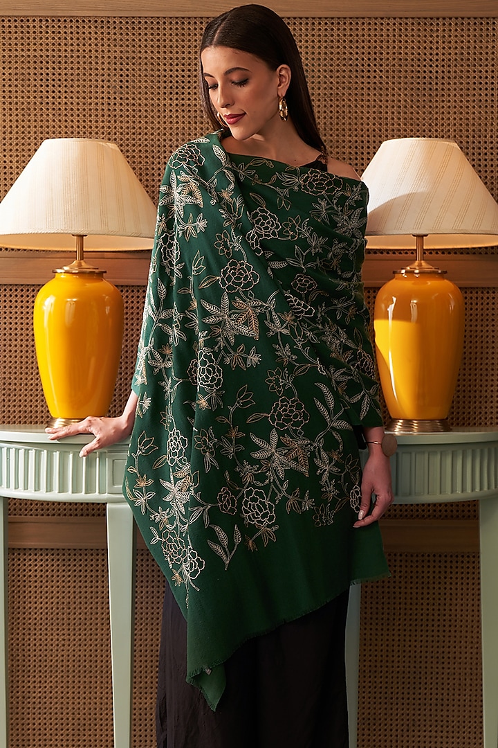 Emerald Embroidered Stole by Mauli Cashmere