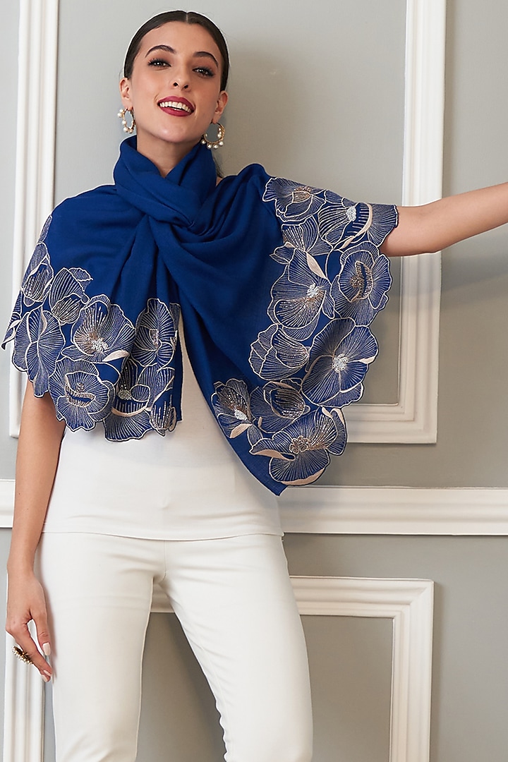 True Blue Embroidered Stole by Mauli Cashmere