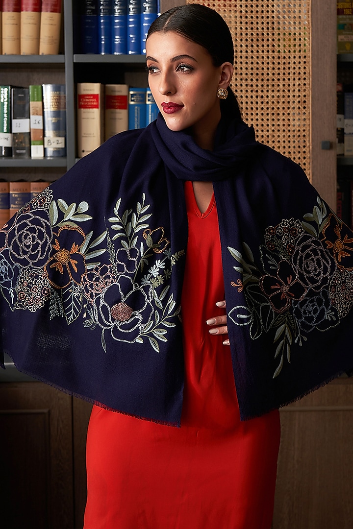 Navy Embroidered Stole by Mauli Cashmere
