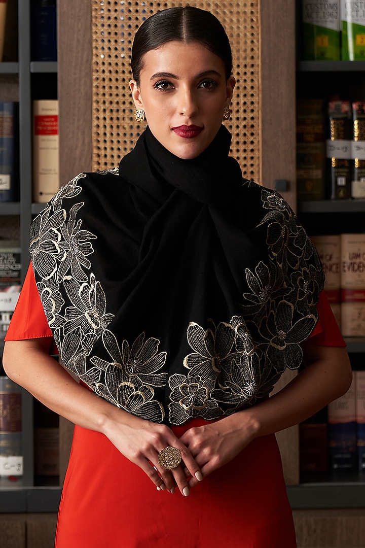 Black Stole With Embroidery by Mauli Cashmere