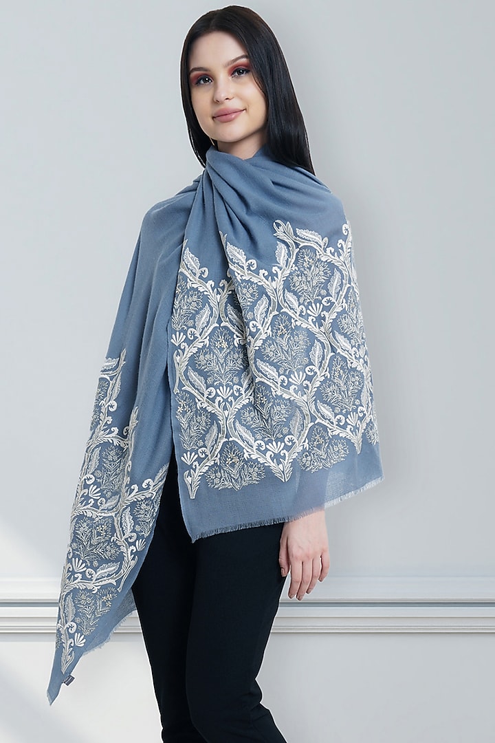 Dusty Blue Embroidered Stole by Mauli Cashmere