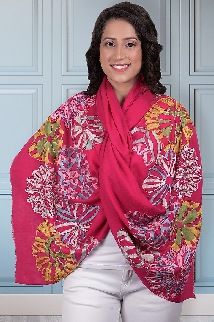 Hot Pink Embroidered Stole by Mauli Cashmere