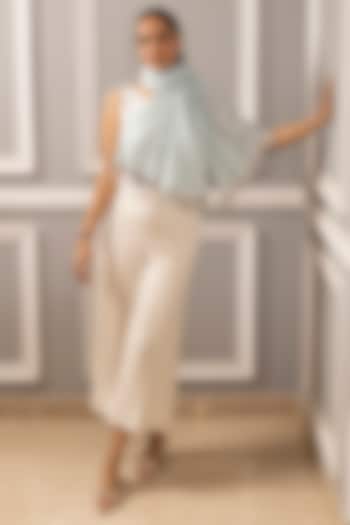 Misty Blue Wool & Silk Floral Embroidered Handcrafted Stole by Mauli Cashmere at Pernia's Pop Up Shop