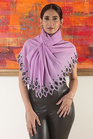 Orchid Wool & Silk Crystal Embroidered Handcrafted Stole by Mauli Cashmere