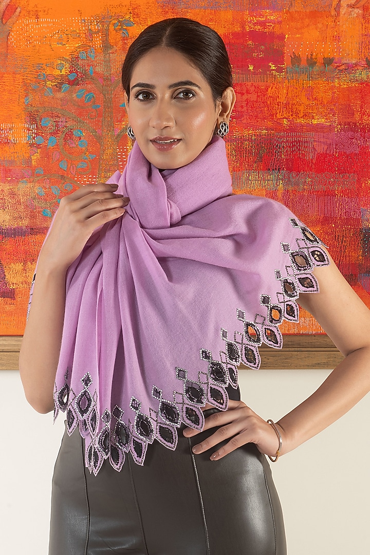 Orchid Wool & Silk Crystal Embroidered Handcrafted Stole by Mauli Cashmere at Pernia's Pop Up Shop