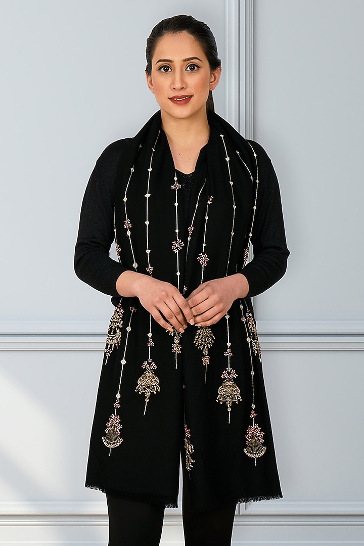 Black Fine Merino Embroidered Stole by Mauli Cashmere at Pernia's Pop Up Shop