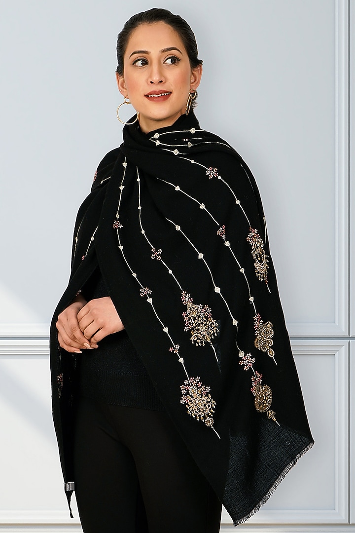 Black Fine Merino Embroidered Stole by Mauli Cashmere at Pernia's Pop Up Shop