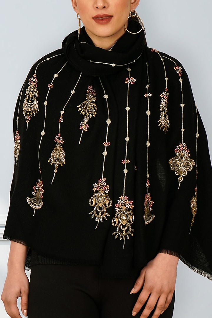 Black Fine Merino Embroidered Stole by Mauli Cashmere at Pernia's Pop Up Shop