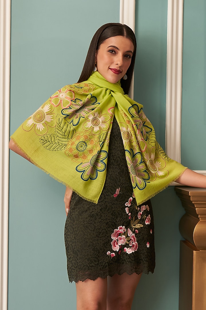 Tender Shoot Colored Fine Merino Floral Embroidered Stole by Mauli Cashmere at Pernia's Pop Up Shop
