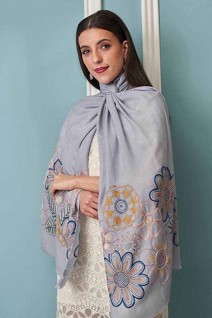 Zen Blue Fine Merino Floral Embroidered Stole by Mauli Cashmere at Pernia's Pop Up Shop