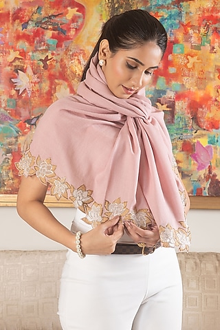 Blush Pink Wool & Silk Floral Embroidered Handcrafted Stole by Mauli Cashmere
