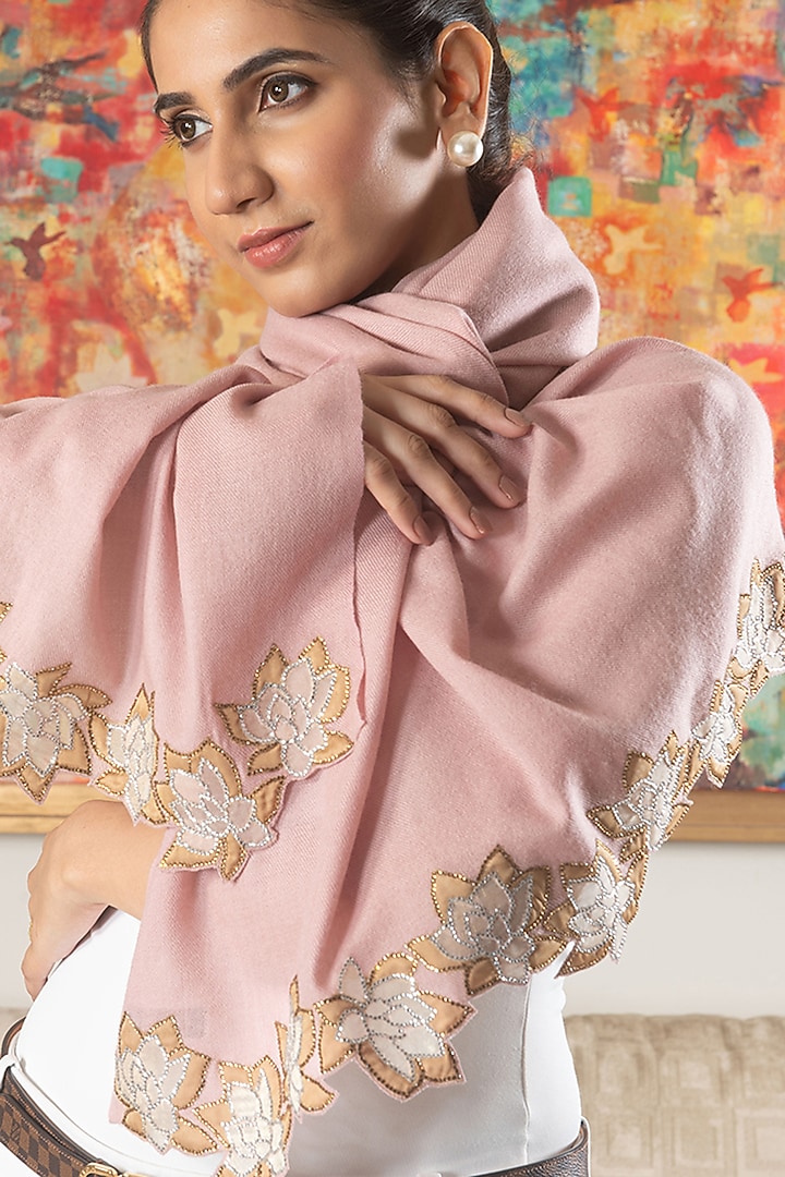 Blush Pink Wool & Silk Floral Embroidered Handcrafted Stole by Mauli Cashmere at Pernia's Pop Up Shop