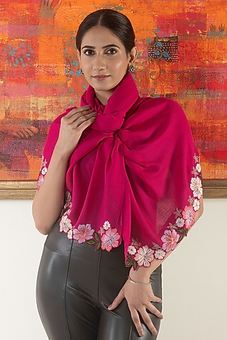 Hot Pink Wool & Silk Floral Embroidered Stole by Mauli Cashmere