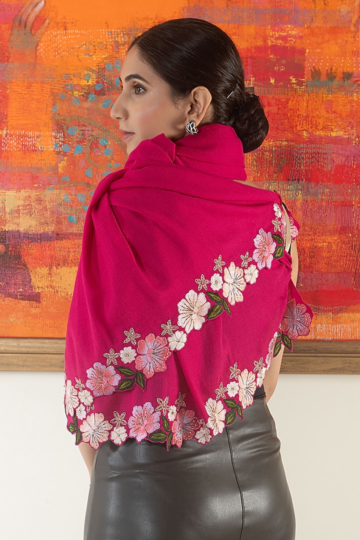 Hot Pink Wool & Silk Floral Embroidered Stole by Mauli Cashmere at Pernia's Pop Up Shop