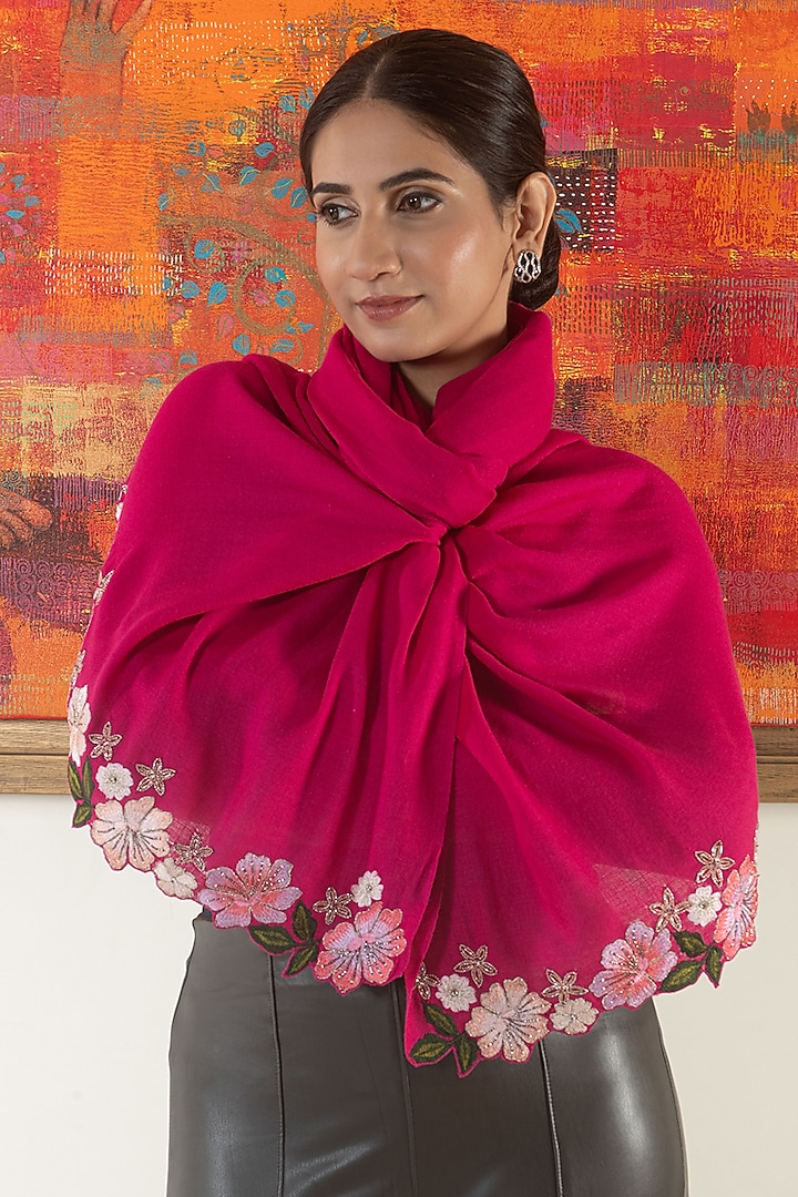 Hot Pink Wool & Silk Floral Embroidered Stole by Mauli Cashmere at Pernia's Pop Up Shop