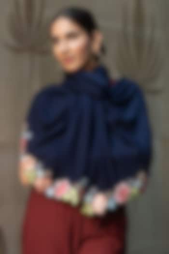 Navy Wool & Silk Floral Embroidered Stole by Mauli Cashmere at Pernia's Pop Up Shop