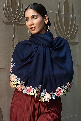 Navy Wool & Silk Floral Embroidered Stole by Mauli Cashmere