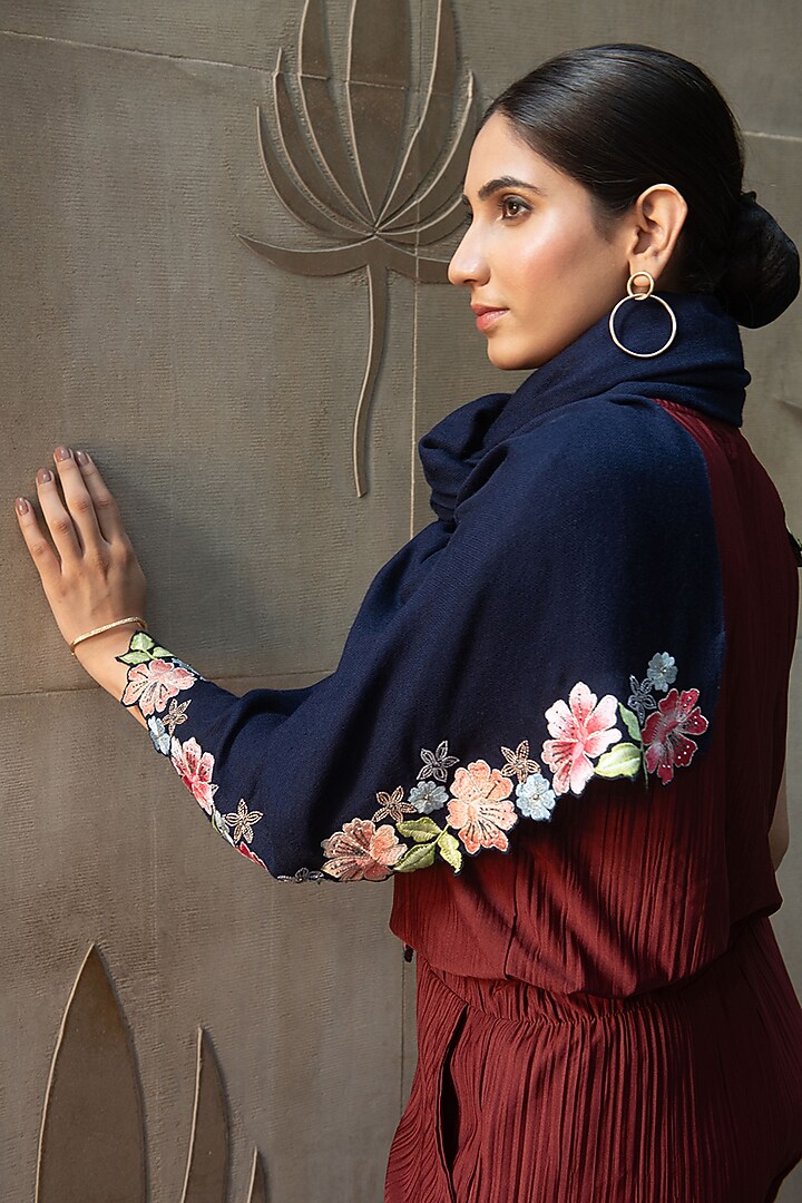 Navy Wool & Silk Floral Embroidered Stole by Mauli Cashmere at Pernia's Pop Up Shop