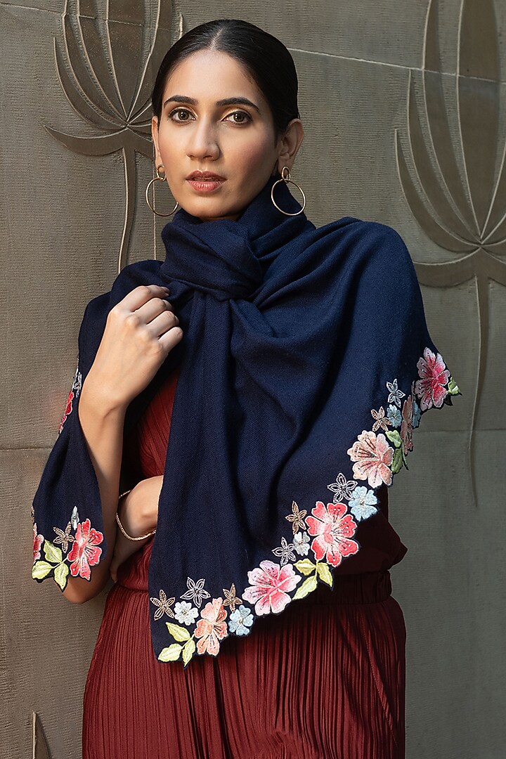 Navy Wool & Silk Floral Embroidered Stole by Mauli Cashmere at Pernia's Pop Up Shop