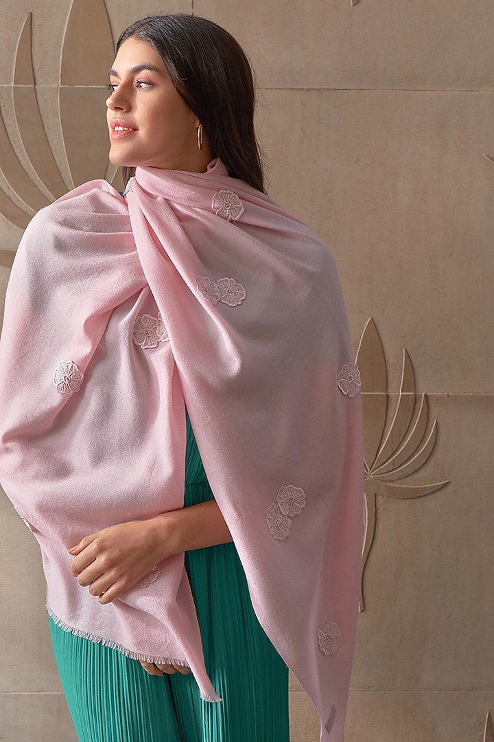 Pearl Colored Wool & Silk Floral Embroidered Stole by Mauli Cashmere at Pernia's Pop Up Shop